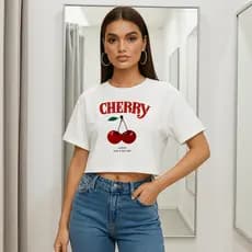 Cropped Cherry Feminino Estampa Oversized Camiseta Look Fashion
