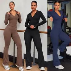Conjunto de Academia Feminino Liso Fitness Gola Polo Flare  Zero Manga Longa Transparência Poliamida Suplex