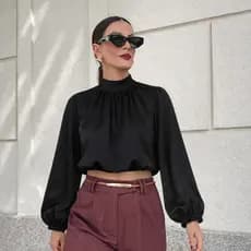 Blusa Feminina Gola Alta Manga Longa Balone Preto Social Casual Elegante Basica