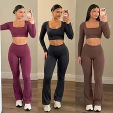 Conjunto de Academia Feminina Liso Zero Transparência Suplex Poliamida Flare Manga Longa Fitness