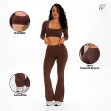 Conjunto de Academia Feminino Liso Zero Transparência Poliamida Flare legging Manga Longa Empina Bumbum Alta Compressão