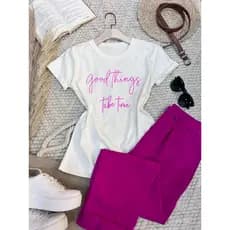 Camiseta blusa T-Shirt Feminina Algodão Gola Careca simples 100% algodão Moda casual "good things take time"