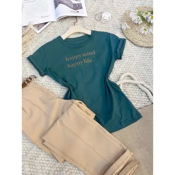 Camiseta blusa T-Shirt Feminina Algodão Gola Careca simples 100% algodão Moda casual padrão "HAPPY MIND HAPPY LIFE"