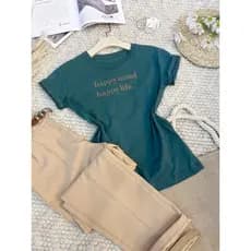 Camiseta blusa T-Shirt Feminina Algodão Gola Careca simples 100% algodão Moda casual padrão "HAPPY MIND HAPPY LIFE"