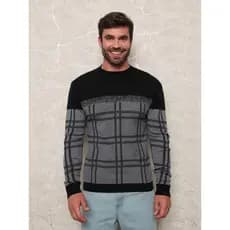 Suéter masculino de malha, linha dupla, xadrez grande, cor combinando