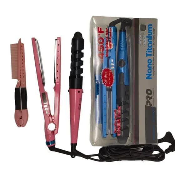 Kit 3 em 1: Chapinha Profissional + Prancha de Titânio + Pente | Bivolt | Cores Rosa e Azul | Envio Imediato