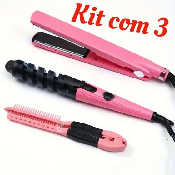 kit 3 Chapinha Profissional + Prancha Titânio + Pente Voltagem bivolt Oferta Envio Hoje Rosa azul