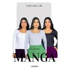 Kit 3 Blusas Manga Longa Básica Decote em U Moda Feminina