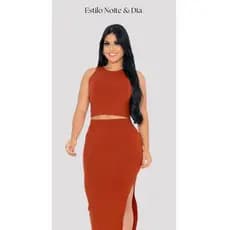 Conjunto Cropped e Saia com Fenda Tecido Canelado Premium