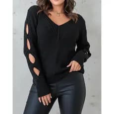 Blusa Tricô Feminina Manga Longa Gola V Corrente Moda Outono Inverno Elegante