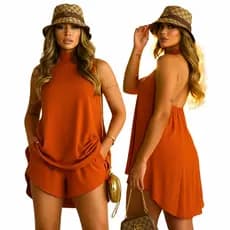 conjunto feminino verão Shorts com Bolso Gola Alta Costas Nua Moda Blogueira Elegante M G GG G1 G2