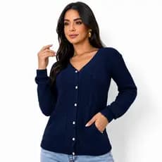 Cardigan Feminino Tricot Aberto com Botões e Bolsos Casaco Blusa de Frio Básica Elegante
