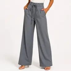 Calça Pantalona Feminina Alfaiataria Cintura Alta Wide Leg Com Bolso Social Feminina com Cordão na Cintura