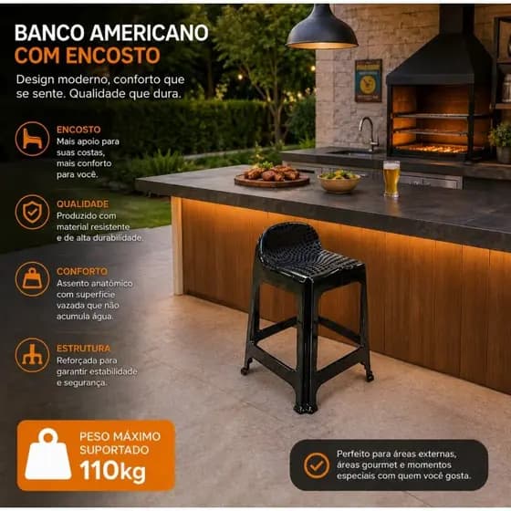 Banqueta Plástica Reforçada com Encosto Confortável  Design Moderno Suporta Até 110kg -Arqplast