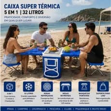 Caixa Térmica 32 Lts 3 Em 1 ou 5 Em 1 Com Mesa E Cadeira Praia Camping