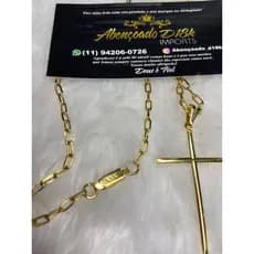 Cordão Cartier Masculina Fina 2mm Banhado a Ouro 18K 2mm Moeda Antiga com Banho + Pingente Cruz Palito Corrente Tijolinho Portuguesa I