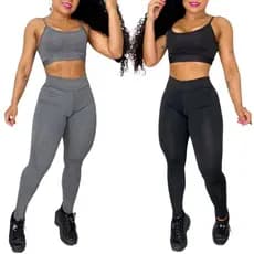 Conjunto Academia Liso preto ou cinza Calça Leg legging + Top Feminino Treino Suplex Aeróbica Ginastica Musculação Crossfit cintura alta