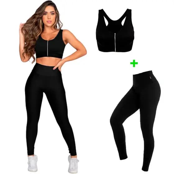 Conjunto Calça Legging Cintura Alta e Top Com Zíper E Bojo Removível Para Academia