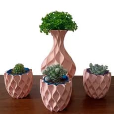 Vaso Ondulado + 3 cachepots para suculentas Design Moderno