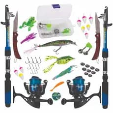 KIT DE PESCA C/2 VARAS + 2 MOLINETES + ISCAS  + ITENS