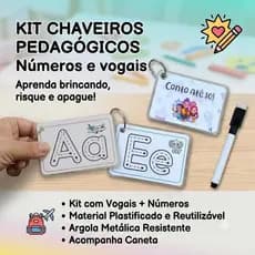Chaveiros Pedagógicos Números e Vogais- Reutilizável Infantil com caneta apagável para alfabetização