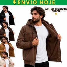 Jaqueta Masculina Sarja Com Capuz Forrada Peluciada Frio Top Preta Marrom Bege Verde