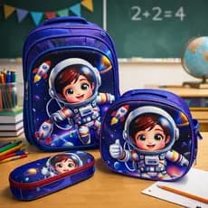 Kit Mochila 3D Astronauta Infantil Menino Menina Estojo Lancheira Luz Led