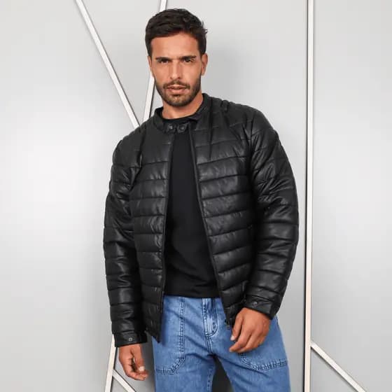 Jaqueta Couro Masculina Forrada Casaco Impermeável Peluciada Bolso Interno Peluciada Zíper Gola Alta