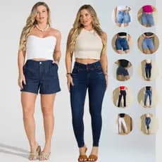 Kit 10 Peças 5 Calças + 5 Shorts Femininos Combo Promocional Todos Com Lycra Elastano Jeans