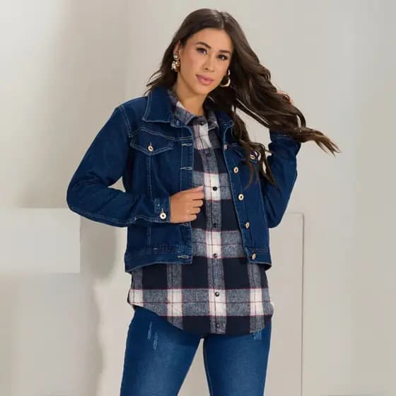 Jaqueta Feminina Jeans Manga Longa Tradicional Confort Básica Escura Botões Lisa Sem Rasgos