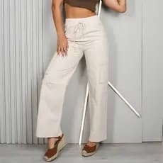 Calça Reta Feminina Slouchy Bolso Cargo Cintura e Bainha com Elástico Viscose Jogger Lycra Elastano