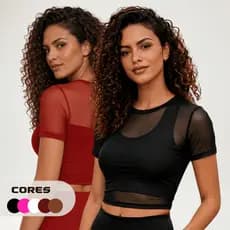 Cropped Feminino Tule Transparente Manga Curta Gola Redonda Blusinha Fitness Casual