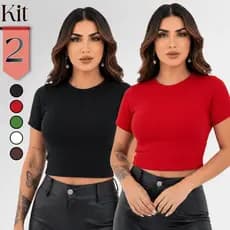 Kit 2 Blusas Cropped Feminina Manga Curta Tecido Microfibra Cores Básicas Marrom, Preto e Branco