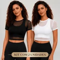 Kit 2 Cropped Feminino Blusa Feminina Tule Transparente Manga Curta Fitness Casual Academia