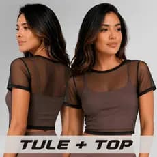 Kit Cropped Tule e Top Microfibra Feminino Transparente Manga Curta com Alça Fina Moda Casual Festa