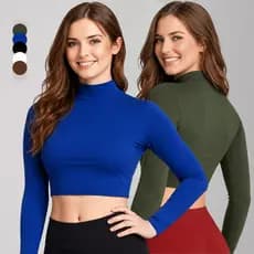 Cropped Feminino Manga Longa Gola Alta Segunda Pele Blusa Ajustada Casual Inverno