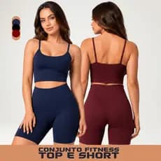 Conjunto Fitness Feminino Top Alça Fina e Short Ciclista Cintura Alta para Academia