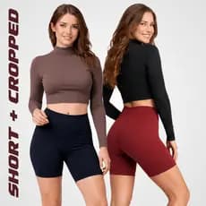 Conjunto Fitness Feminino Cropped Microfibra Manga Longa Short Suplex Cintura Alta Academia Treino Confortável