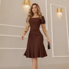 Vestido Feminino Midi Babado Manga Bufante Forrado Com Elastano Casual e Elegante