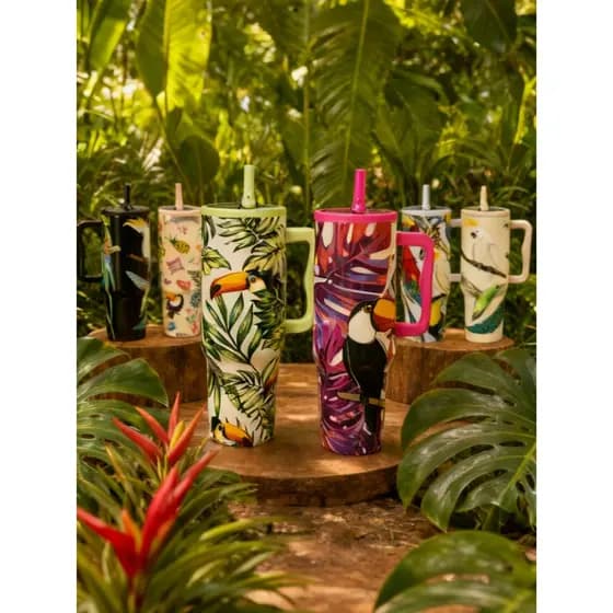 Copo Térmico 1200ml com Alça e Canudo Estampado Fauna Pássaro Tucano Arara Copo Térmico Tropical Fauna