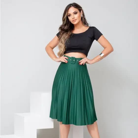 saia plissada midi moda evangélica com cinto modelagem possuí forro cod124