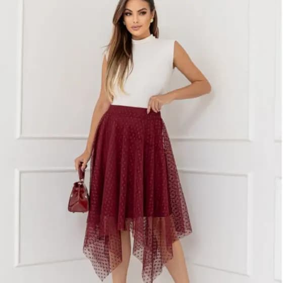 Saia Midi De Ponta Tule Poá Elegância Cód127