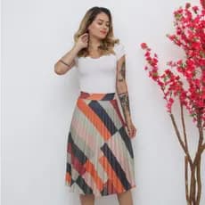 saia plissada midi moda evangélica estampa digital geometria2 tendência modelagem possuí forro e com elástico na cintura