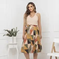 saia plissada midi moda evangélica estampa digital geometria1 com forro e elástico na cintura tendência