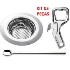 Kit 03 Peças para Cozinha Ralo Pia 9,0 cm borda inox,Abridor de latas e garrafa,Colher 30 cm inox  mexer suco Bebidas