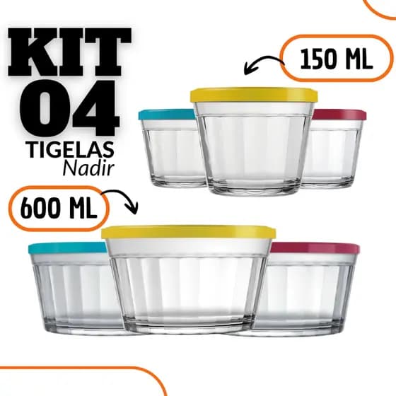 Tigela de Vidro  kit 04 Potes- Cores Sortidas 150ml/600ml  nadir Figueiredo