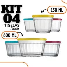 Tigela de Vidro  kit 04 Potes- Cores Sortidas 150ml/600ml  nadir Figueiredo