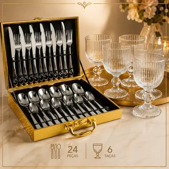 Kit Faqueiro 24 Peças Inox Maleta Dourada + 6 Taças de Vidro Mesa Posta Luxo