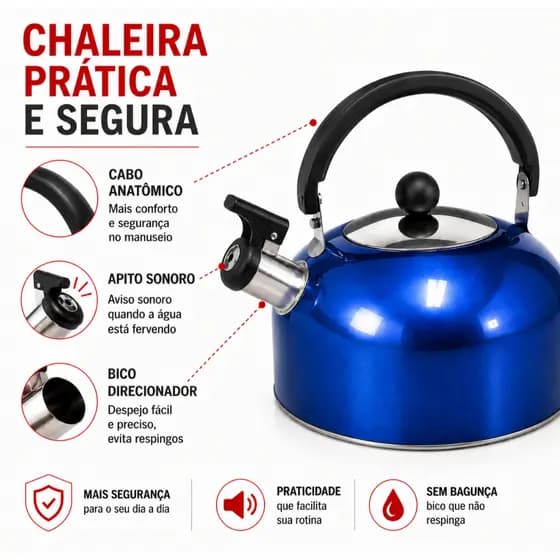 Chaleira com Apito 2,5L em Aço Inox para Fogão com Bico Anti-Respingos e Cabo Anatômico