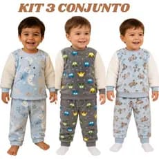 kit 3 Conjunto Pijama Infantil Bebê Fleece  Inverno Menino Menina Blusa Manga Longa Calça 6 a 2 anos
